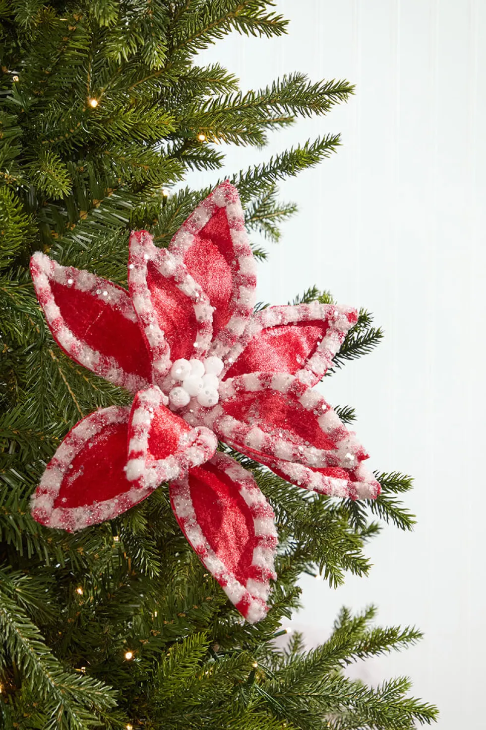 22" Red & White Candy with Snow Glitter Poinsettia Stem