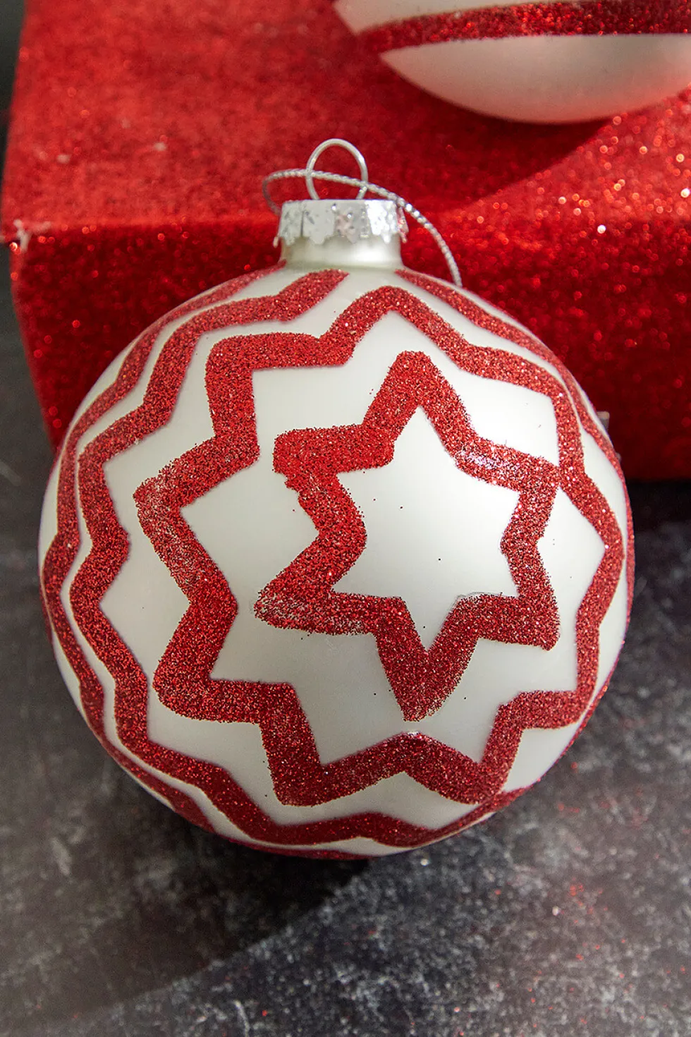 4" Red with Stripes/Zig Zag Glass Ball Ornament