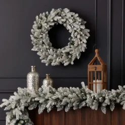 24" Shadow Woods Flocked Spruce Wreath with Warm White LED Lights