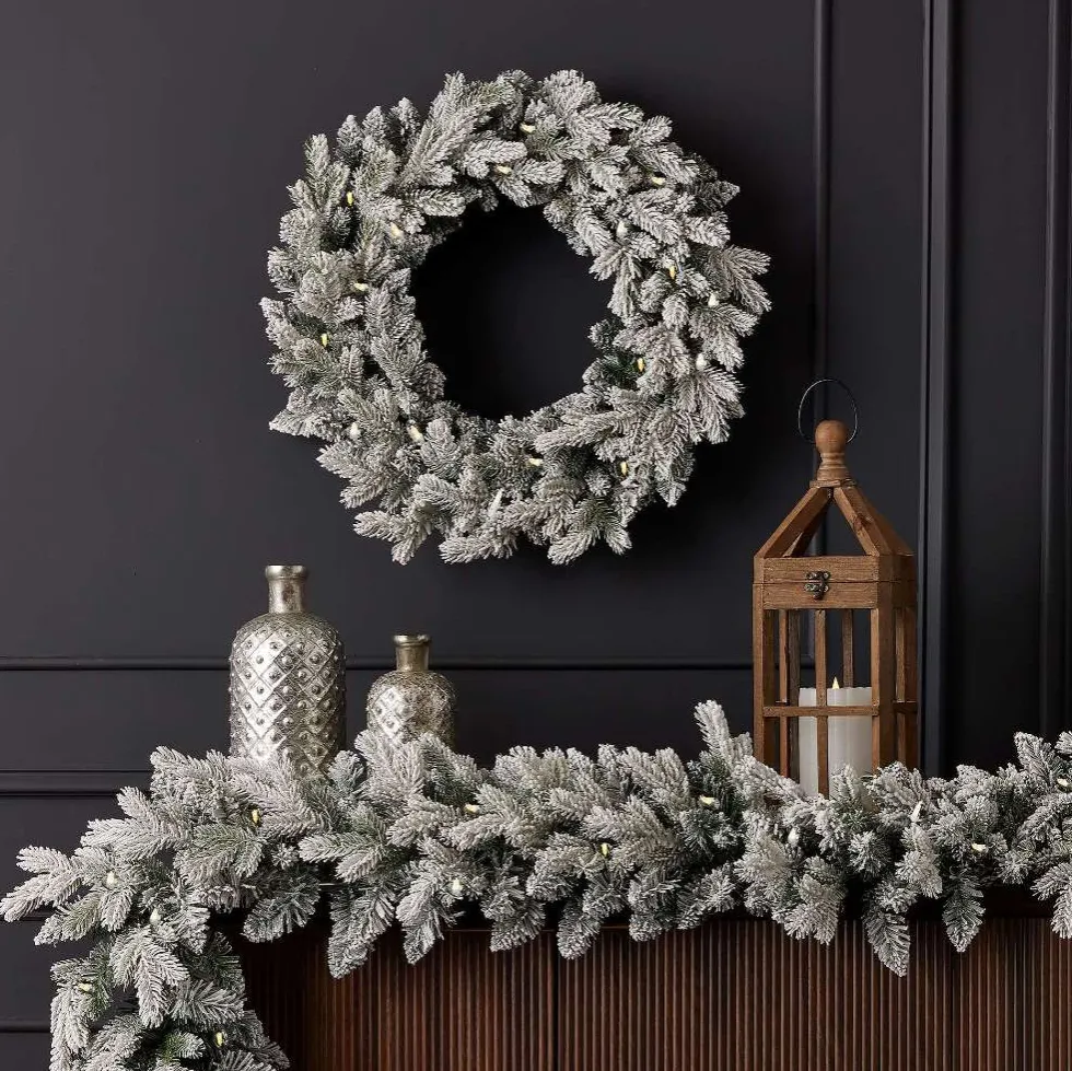 9' Shadow Woods Spruce Flocked Plug-In Garland with Warm White LED Lights