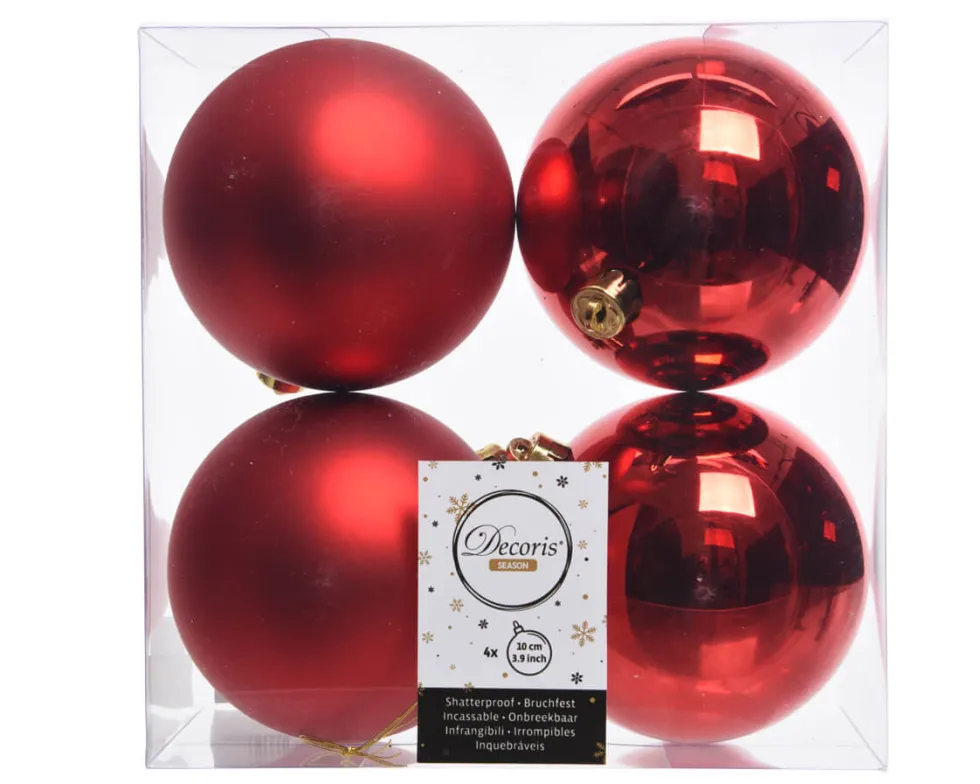 3.9” Shiny/Matte Christmas Red Shatterproof Ornaments - Set of 4