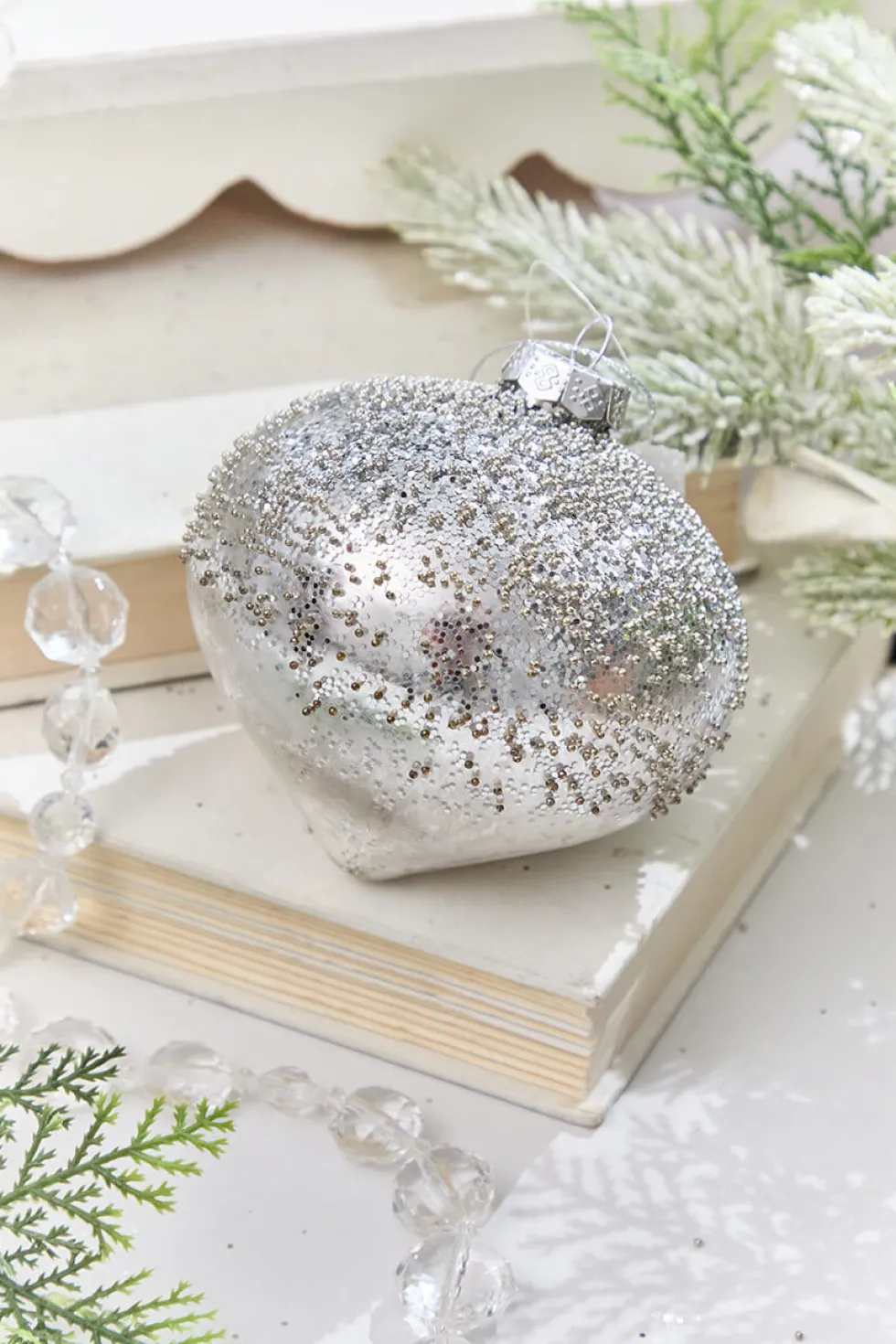 4" - 4.5" Silver Beaded Glass Ornament