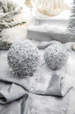 4” Silver Ice & Sequin Ball Ornament