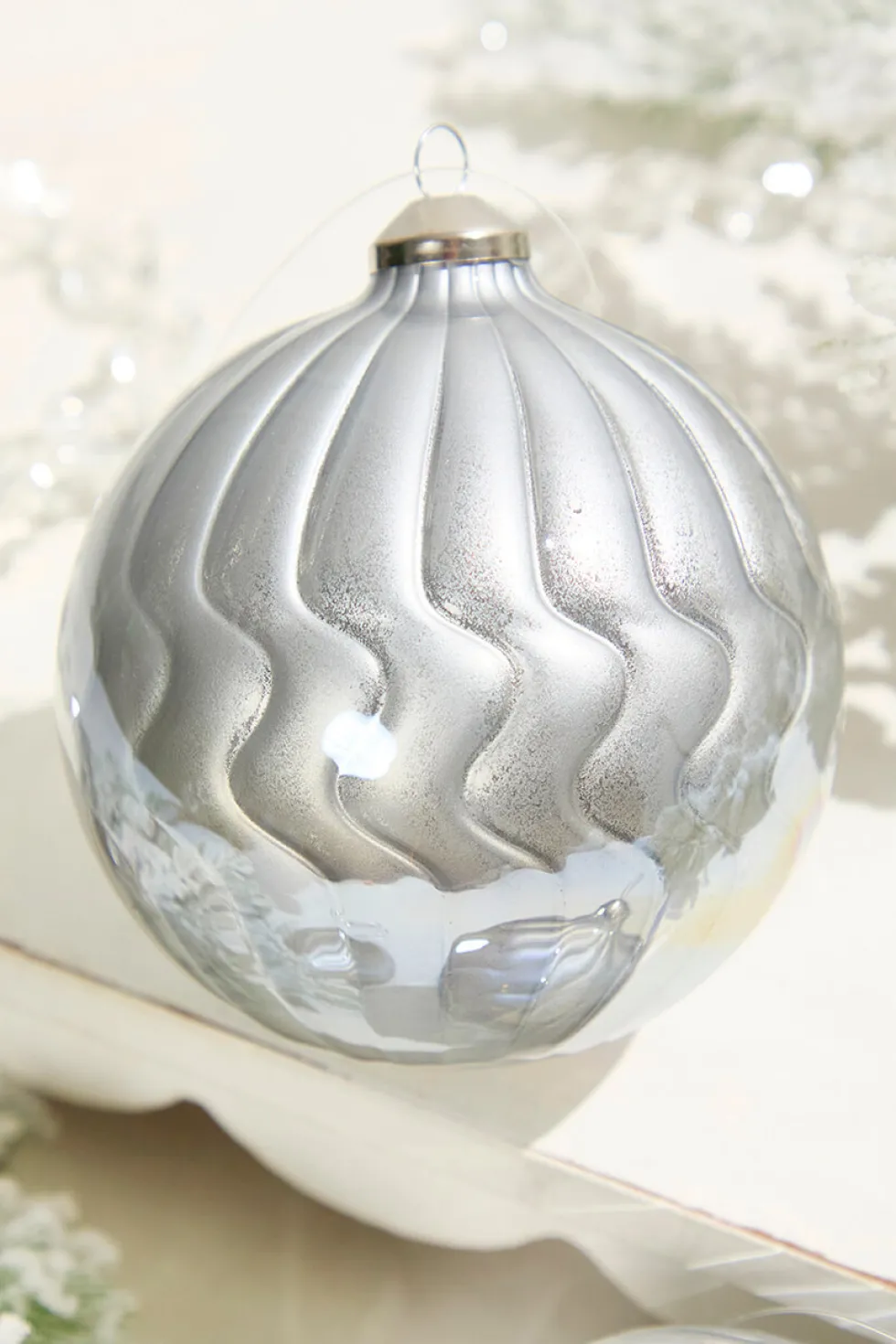 5"- 6" Silver Pearlescent Glass Ornament