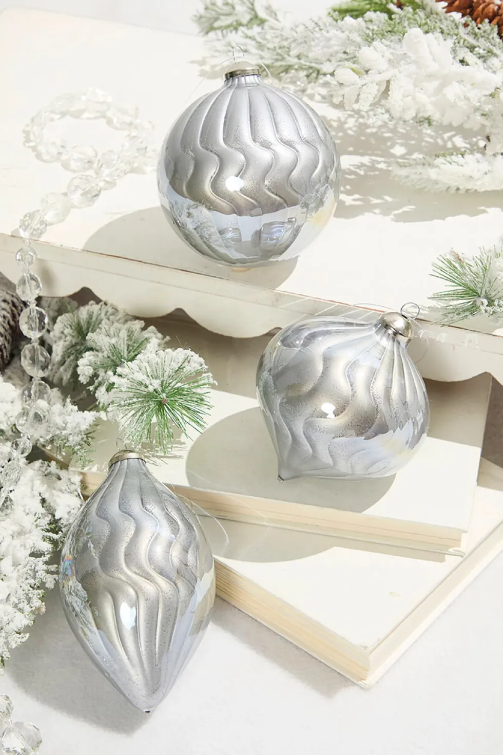 5"- 6" Silver Pearlescent Glass Ornament