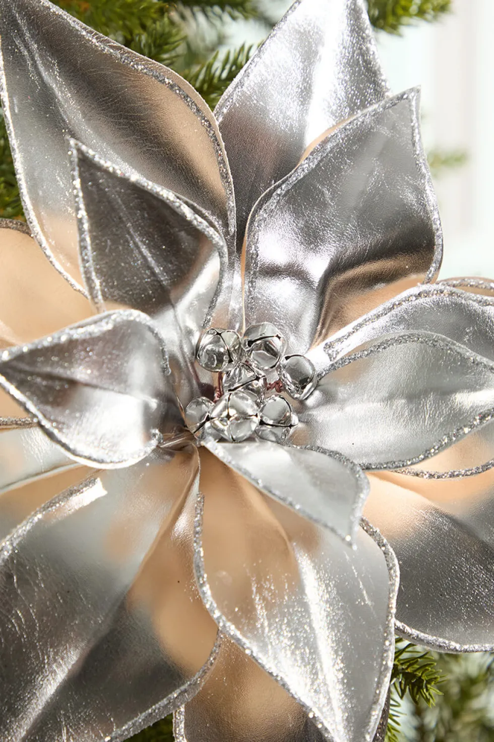24" Silver Retro Poinsettia Stem with Jingle Bells