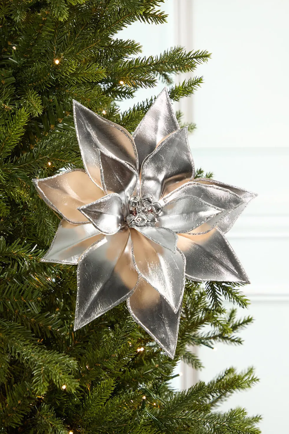 24" Silver Retro Poinsettia Stem with Jingle Bells