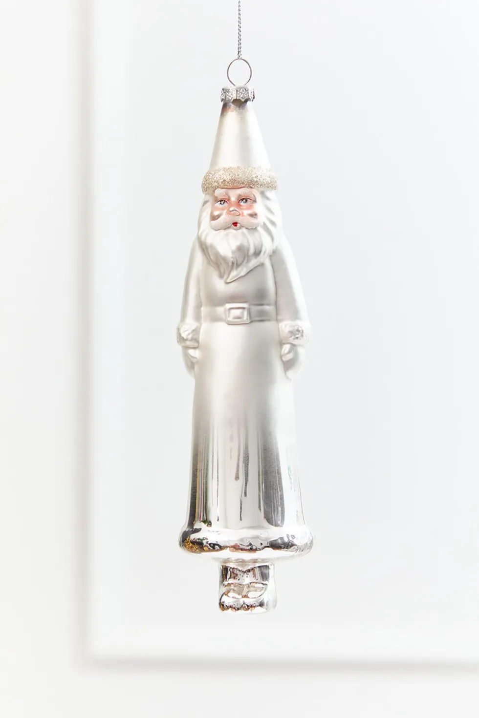 8" Silver & White Glass Santa Ornament