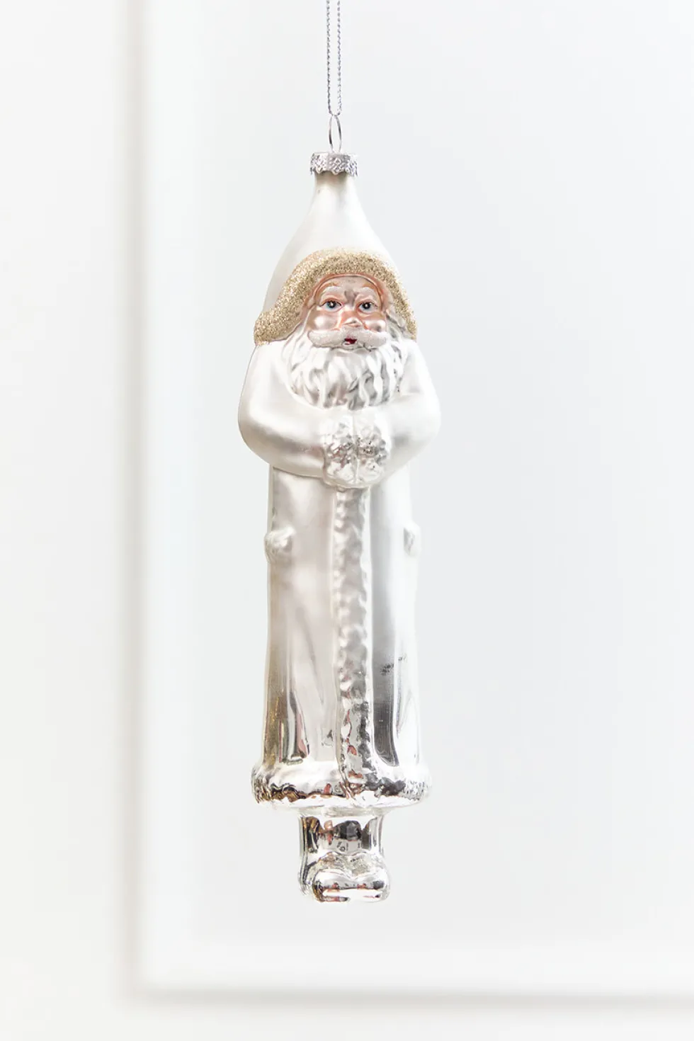 8" Silver & White Glass Santa Ornament