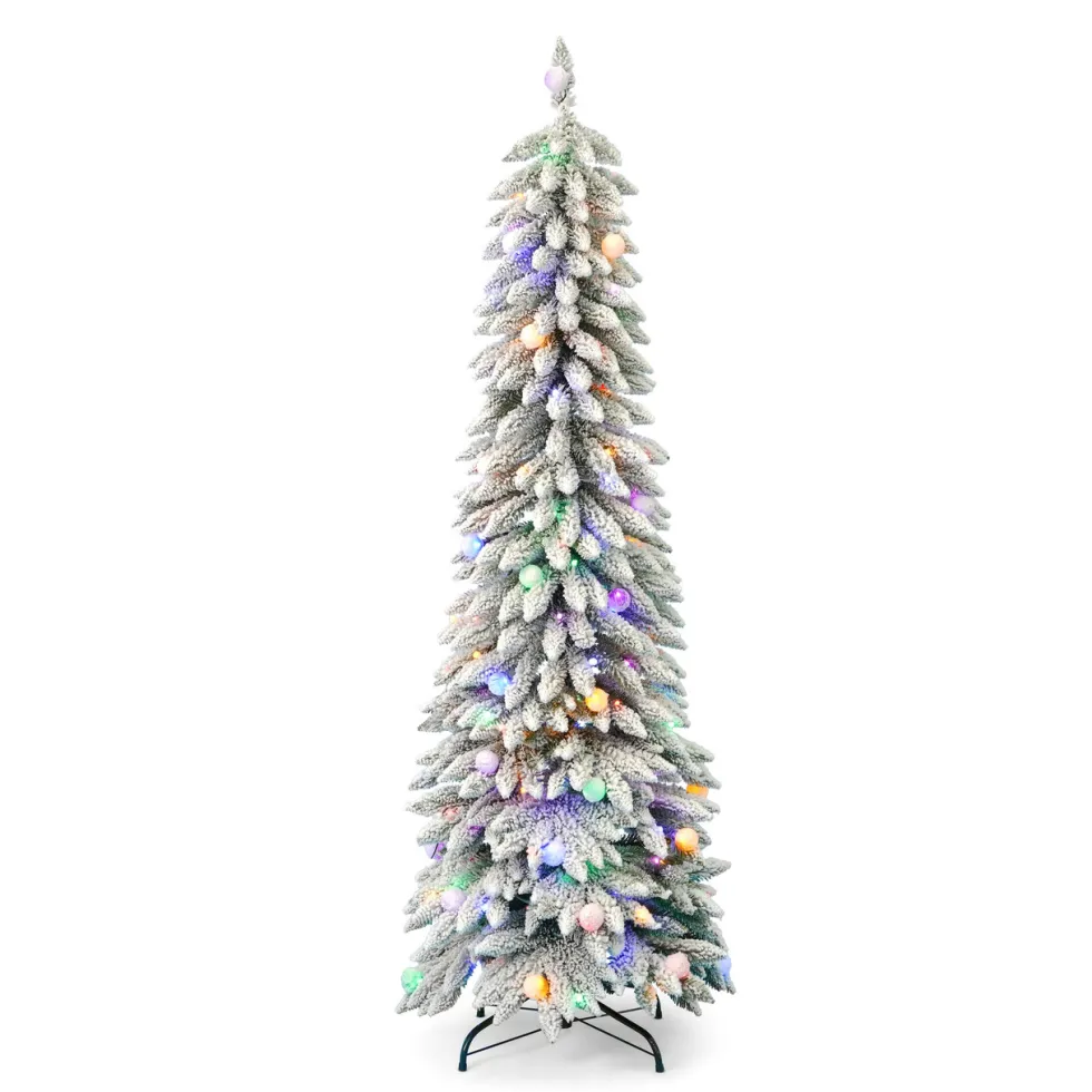 7' Slim Snow Kissed Pine Tree with 250 Multicolor LED Lights