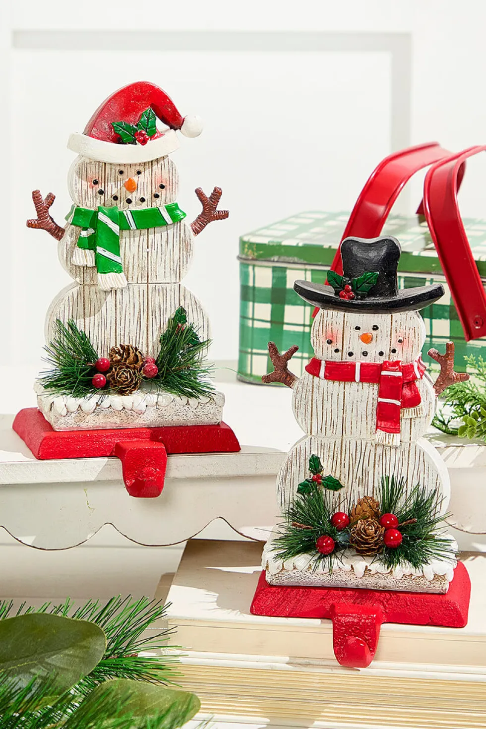 8.25" Snowman Stocking Holder with Pine And Berry Accent