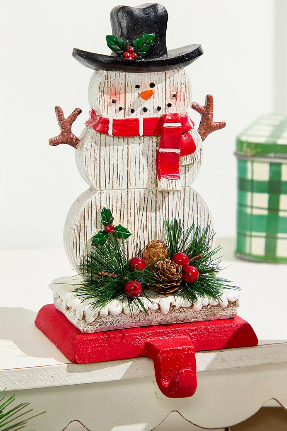8.25" Snowman Stocking Holder with Pine And Berry Accent