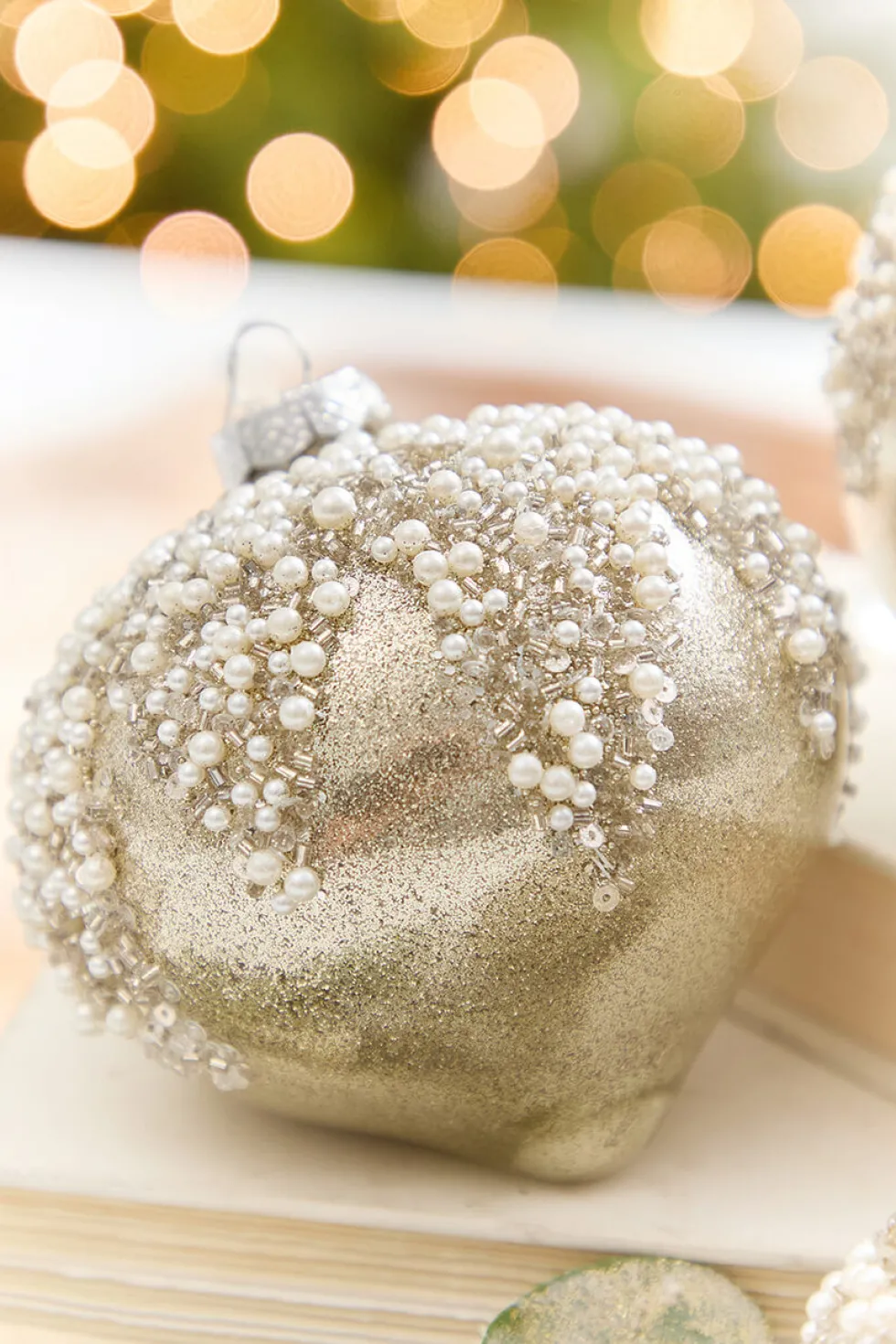 4" - 6" Taupe & Pearl Beaded Glass Ornament