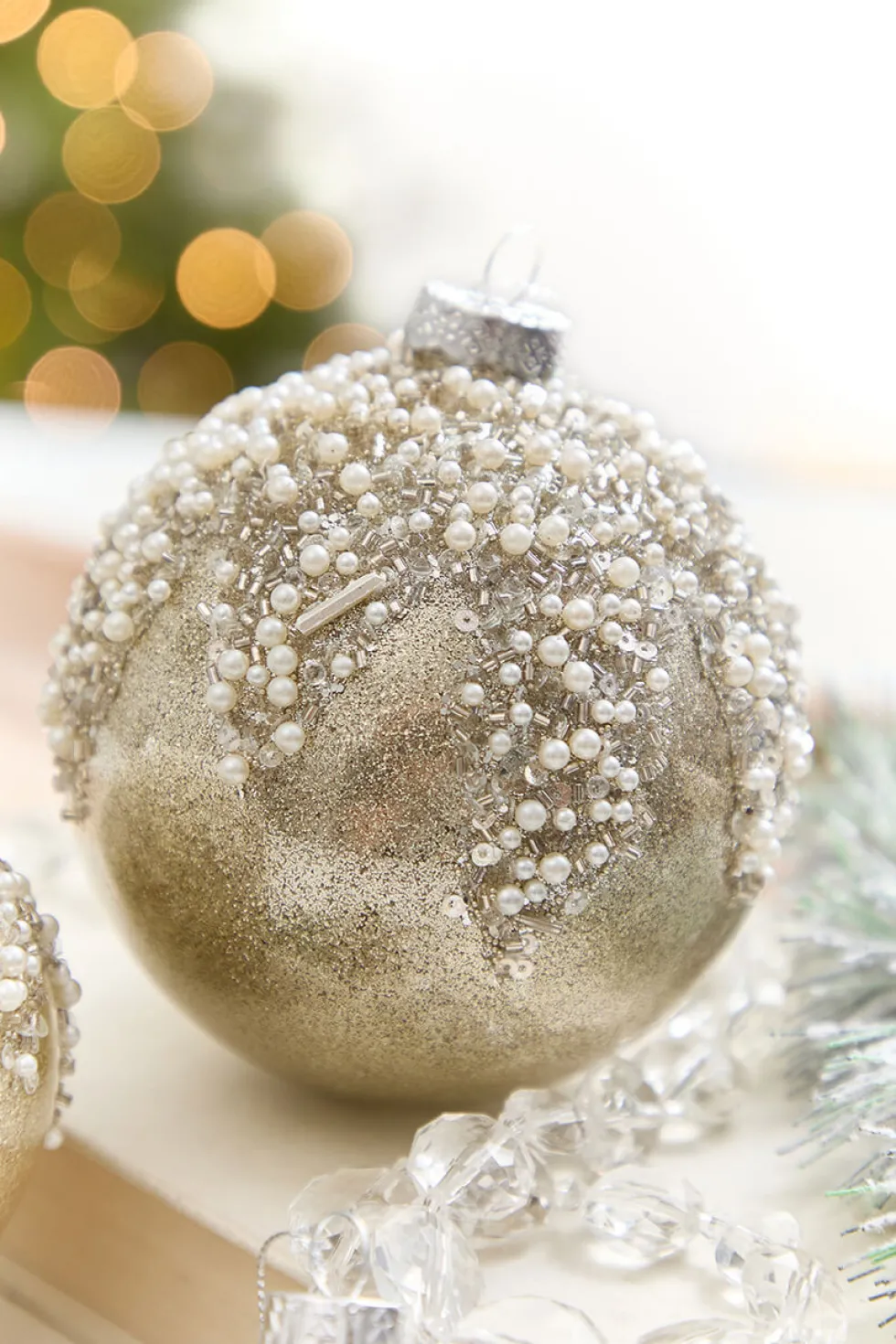 4" - 6" Taupe & Pearl Beaded Glass Ornament
