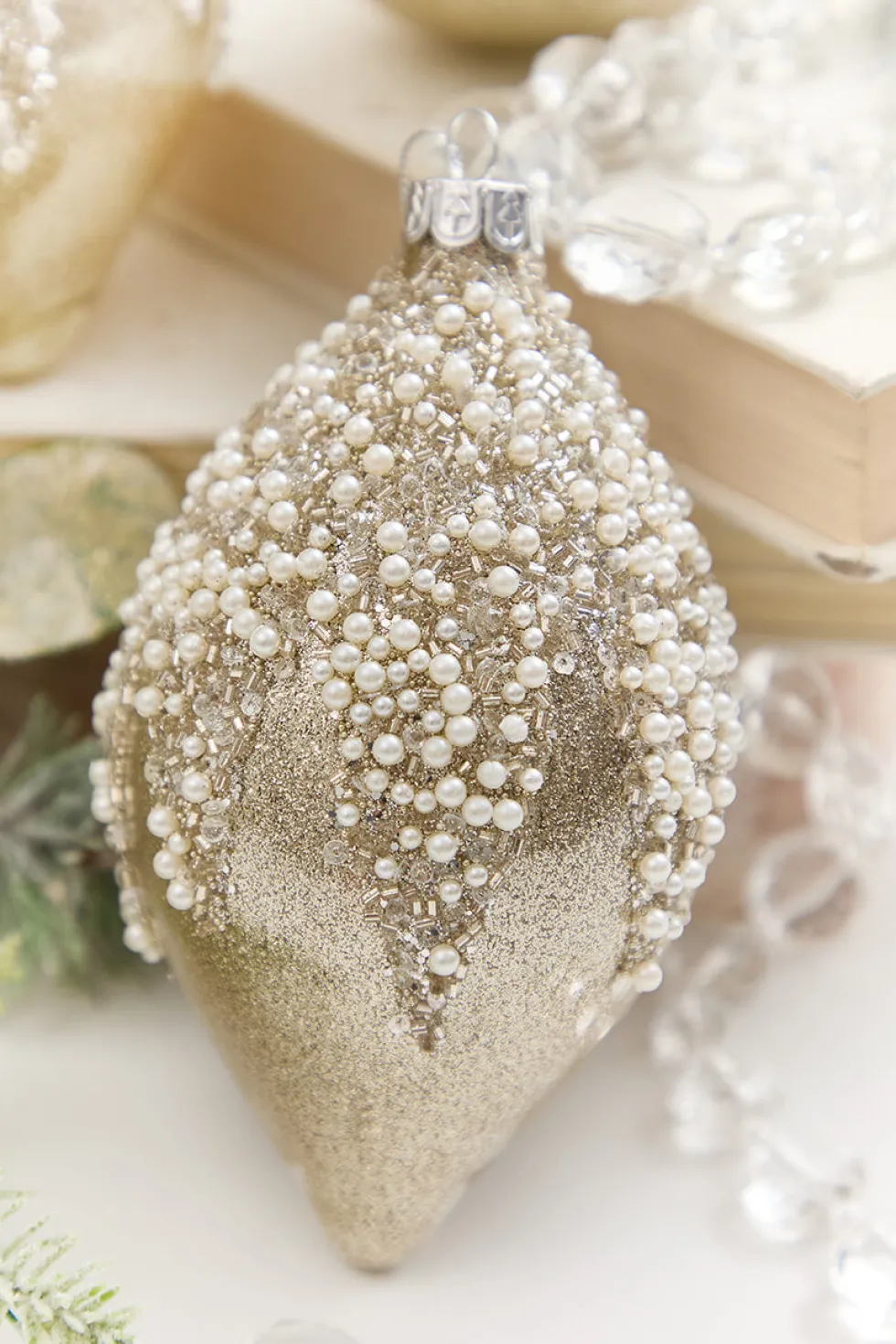 4" - 6" Taupe & Pearl Beaded Glass Ornament