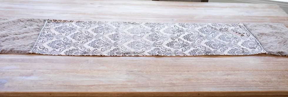Taupe Printed Velvet with Fur Trim Table Runner (15"x72")