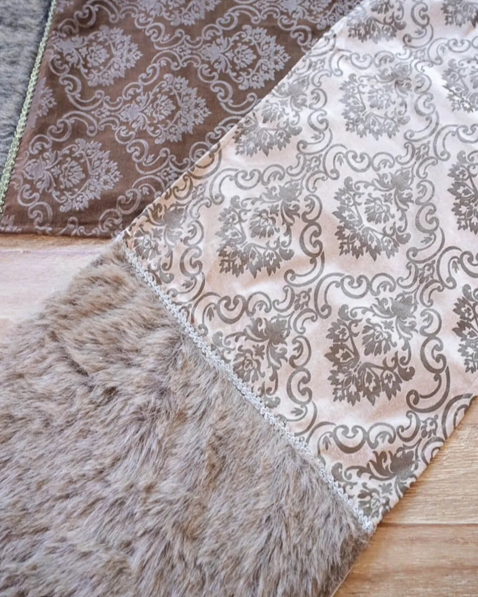 Taupe Printed Velvet with Fur Trim Table Runner (15"x72")