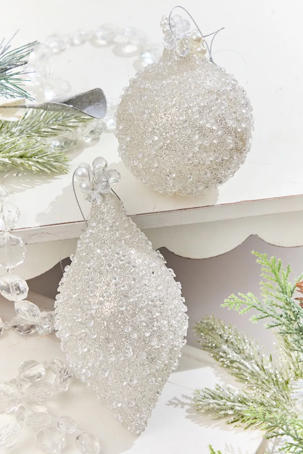 4" - 6" White Beaded Glass Ornament
