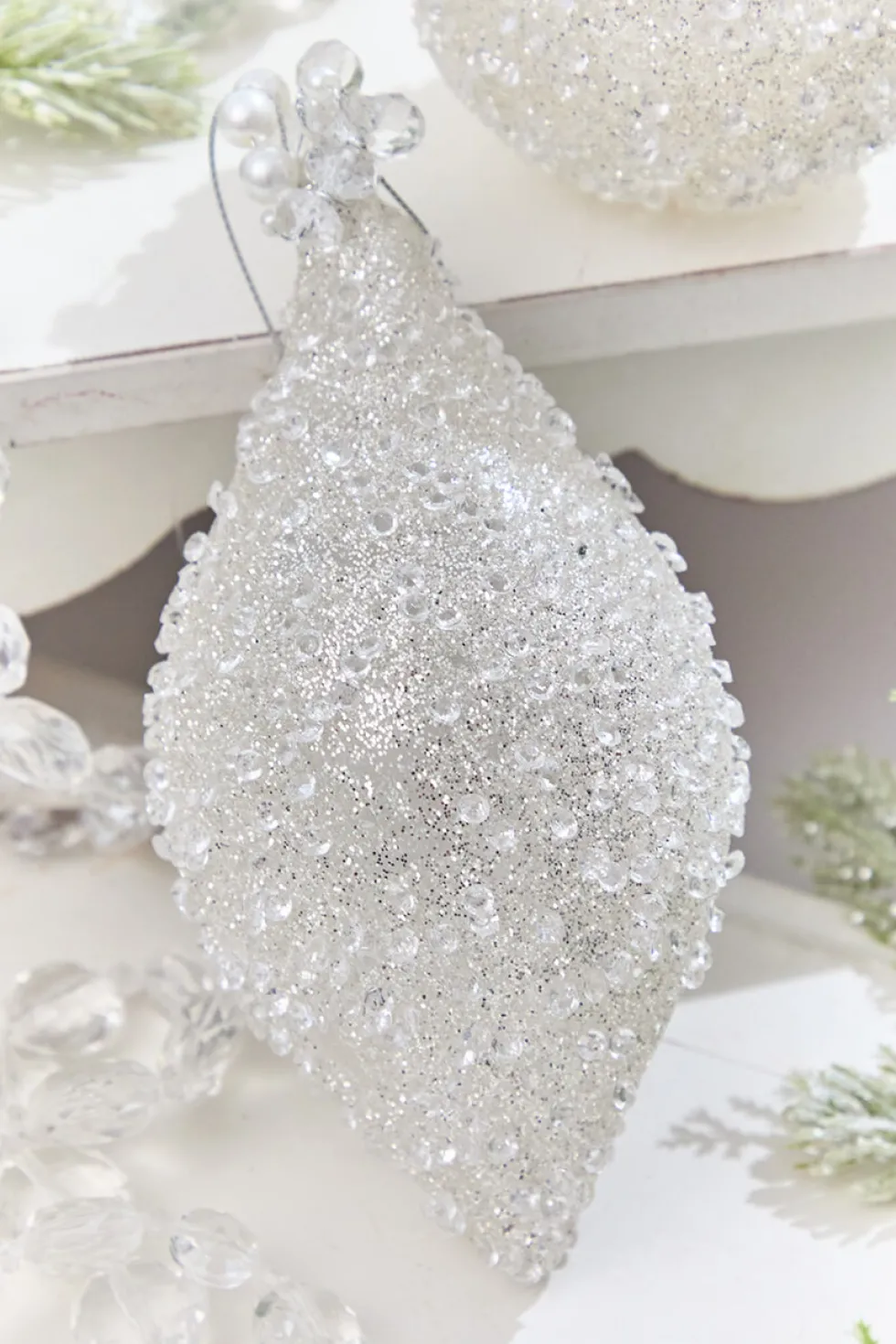 4" - 6" White Beaded Glass Ornament
