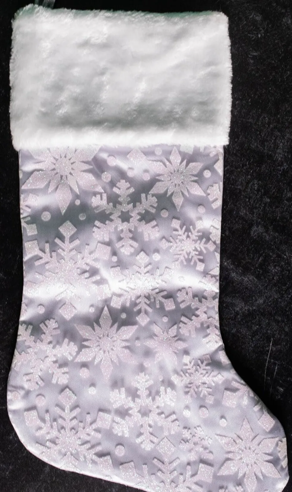 20” White Snowflake Glitter Print on Sheer Organza Stocking