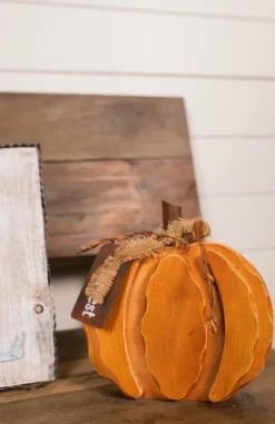 8” Wood Harvest Pumpkin with Burlap Bow and Berry Accents