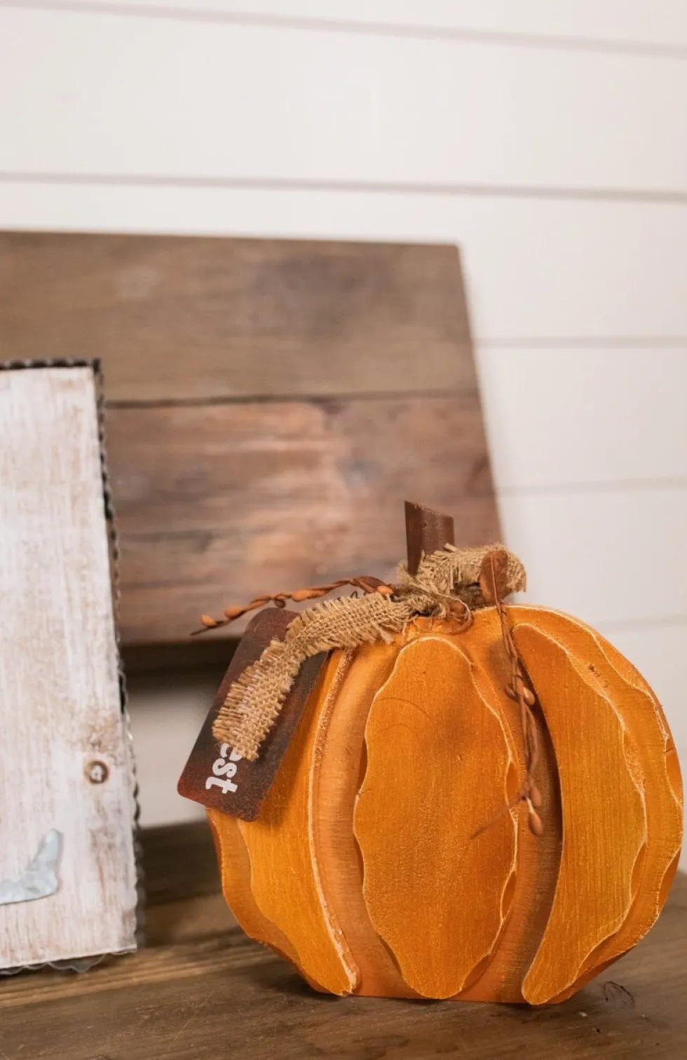 8” Wood Harvest Pumpkin with Burlap Bow and Berry Accents