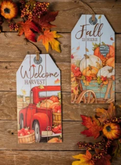16” Wood Harvest Wall Hanging Decor Red Truck & Pumpkins
