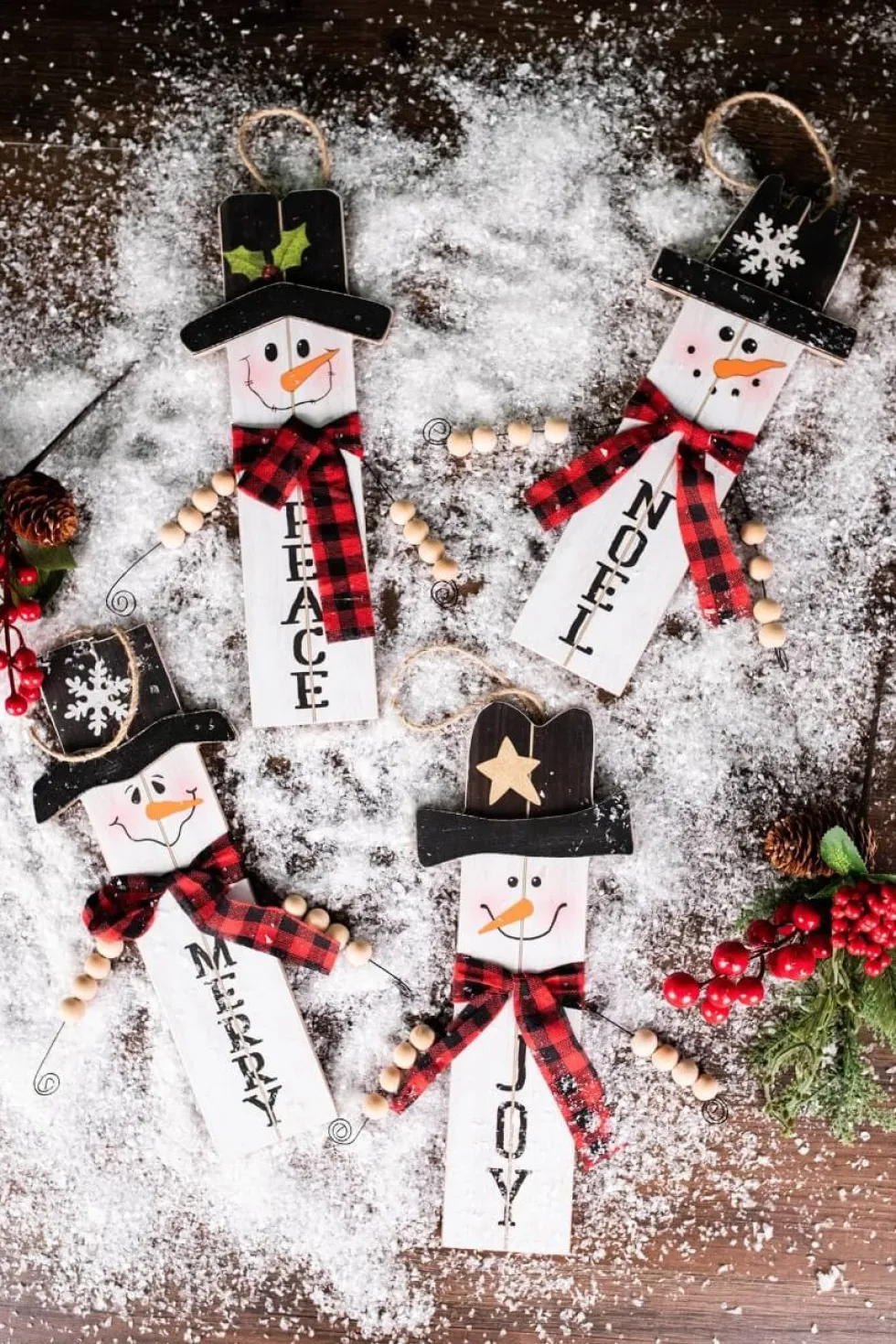 11.8” Wood Snowman with Buffalo Check Plaid Scarf Ornament