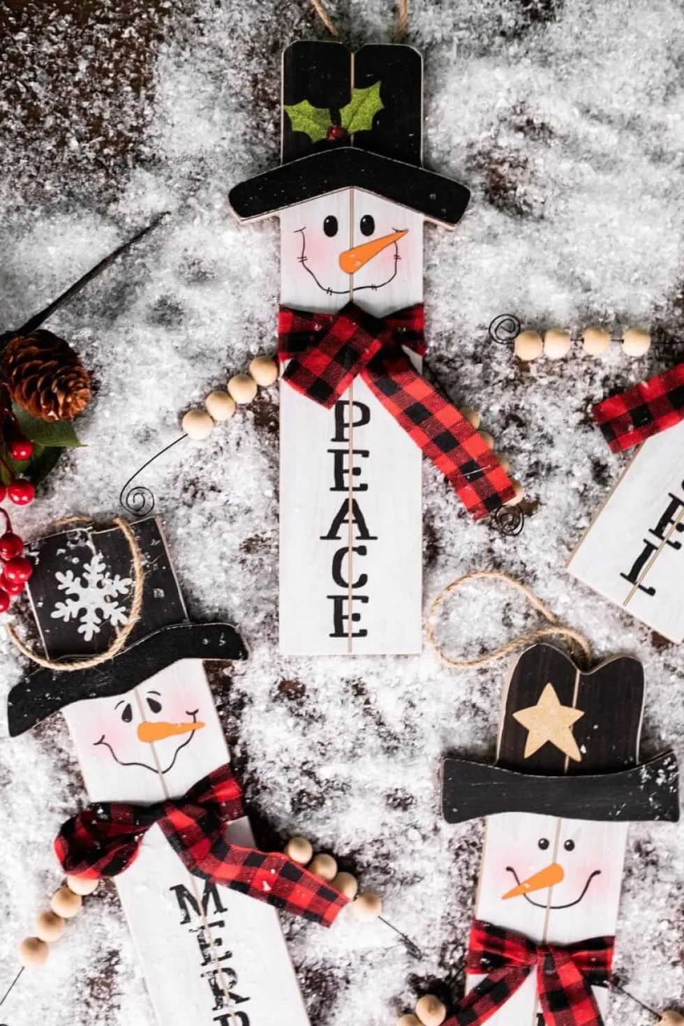 11.8” Wood Snowman with Buffalo Check Plaid Scarf Ornament