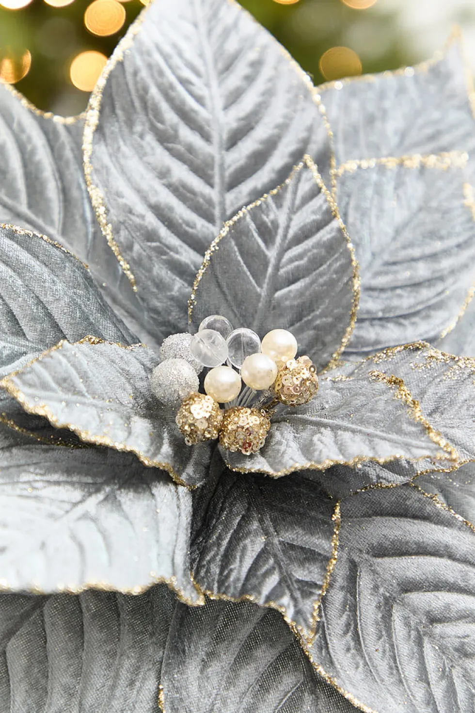 19" x 15" Blue & Grey Velvet Jewel Poinsettia Stem