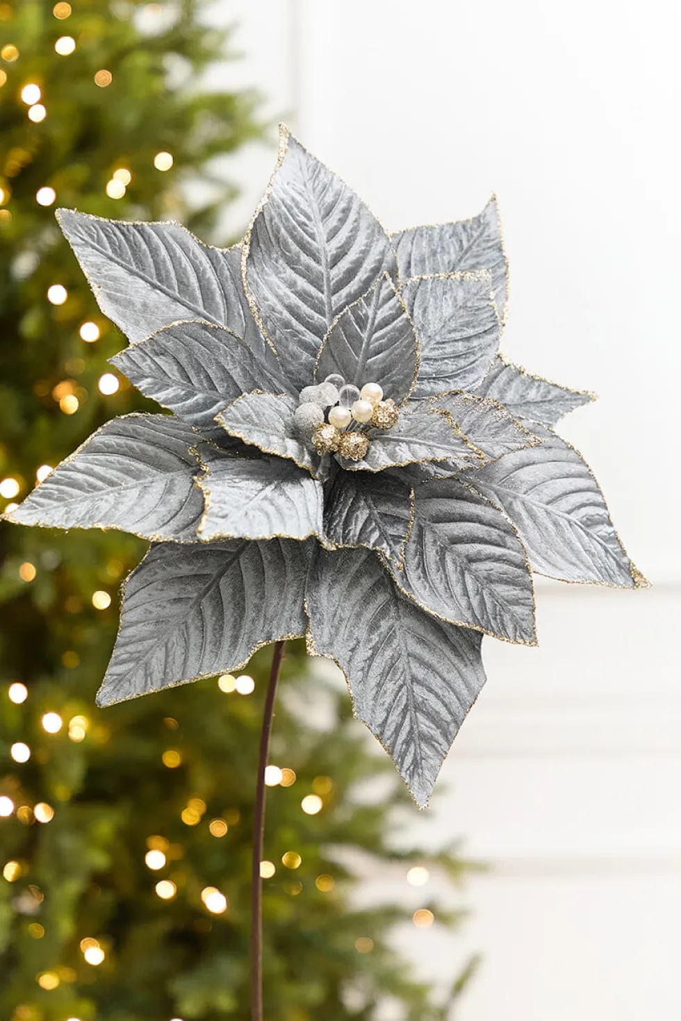 19" x 15" Blue & Grey Velvet Jewel Poinsettia Stem