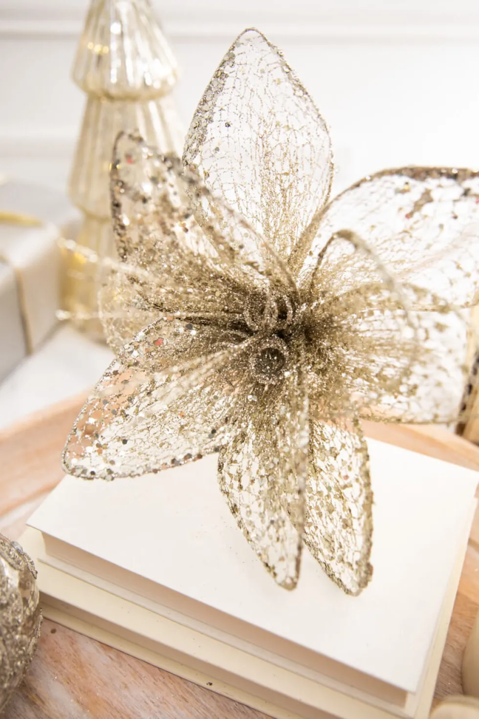 24” x 12" Champagne Glitter Sequin Mesh Poinsettia Stem