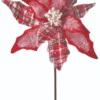 34” x 13" Frost Snowflake Plaid Velvet Poinsettia Stem