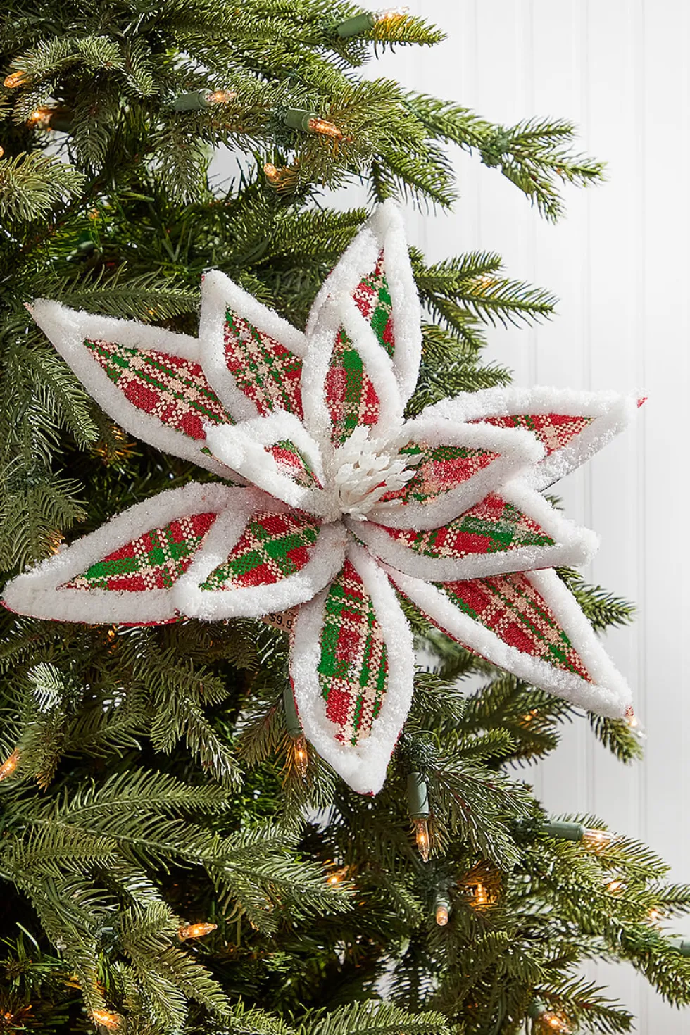 24” x 13" Glitter Fur Edge Plaid Poinsettia Stem