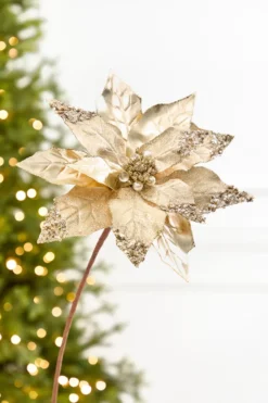 22" x 11” Gold Metallic Glitter Poinsettia Stem