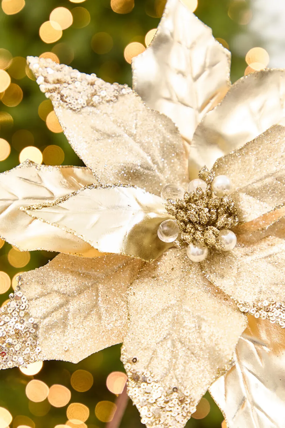 22" x 11” Gold Metallic Glitter Poinsettia Stem