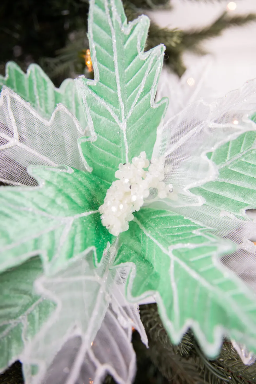 24” x 13" Green & White Frosted Glitter Poinsettia Stem