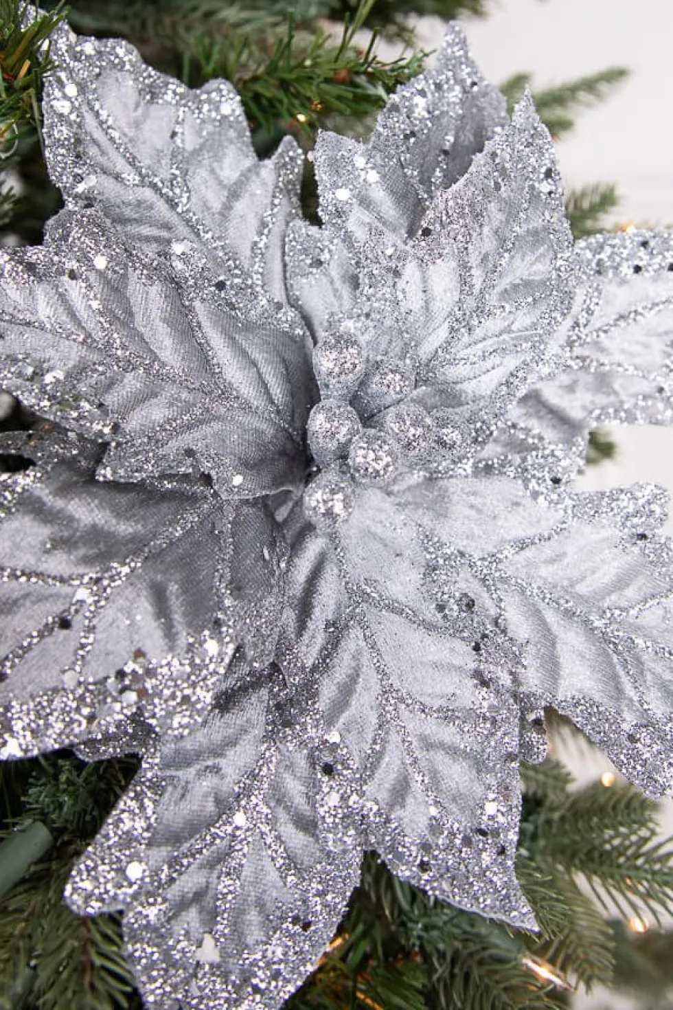 24" x 12" Leafy Silver Poinsettia Stem