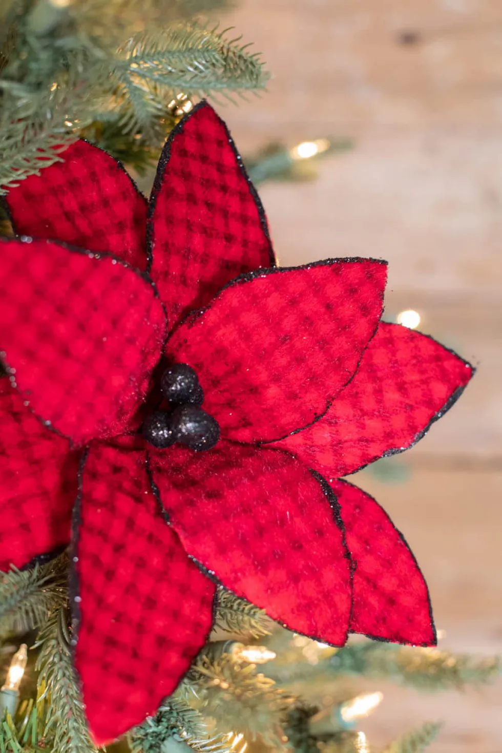 24” x 14" Red/Black Buffalo Check Velvet Poinsettia Stem