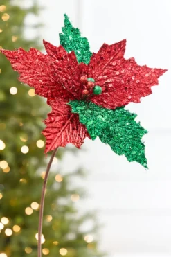 19" x 12" Red & Green Glitter Poinsettia Stem