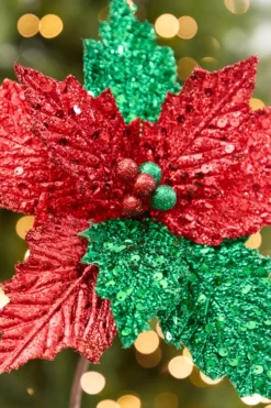 19" x 12" Red & Green Glitter Poinsettia Stem
