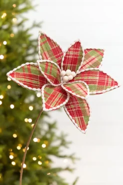 19" x 12" Red & Green Plaid Poinsettia Pick
