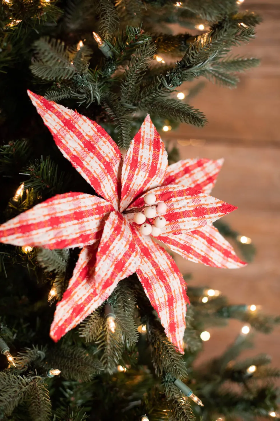 22” x 12.5" Red/Natural Check Poinsettia Stem