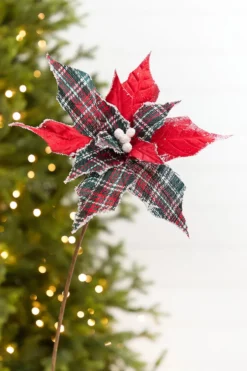 19" x 13" Red Plaid Poinsettia Pick