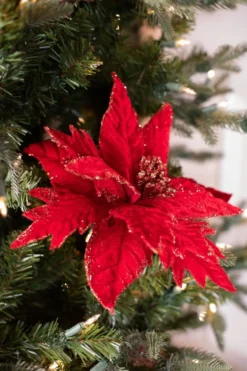 20” x 12" Red Velvet Gold Mix Glitter Poinsettia Stem