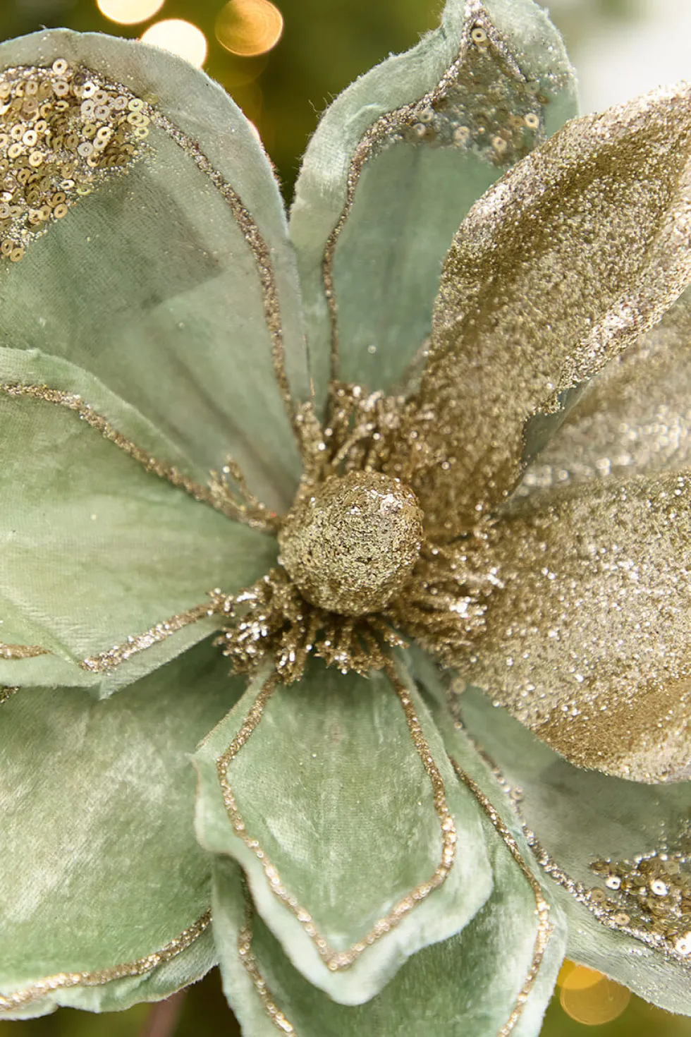 22" x 11" Sage & Platinum Velvet Glitter Magnolia Stem