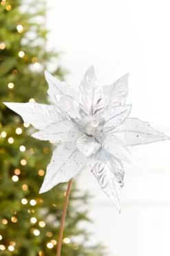 24" x 10" Silver Glitter Edge & Bead Poinsettia Stem