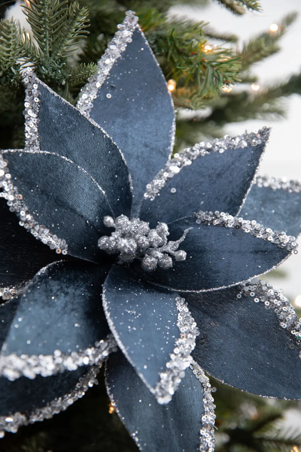 22” x 12.5" Velvet Glitter Poinsettia Stem - Blue and Grey