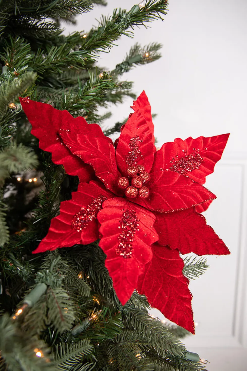24” x 12.5" Velvet Sequin Stripe Poinsettia Stem