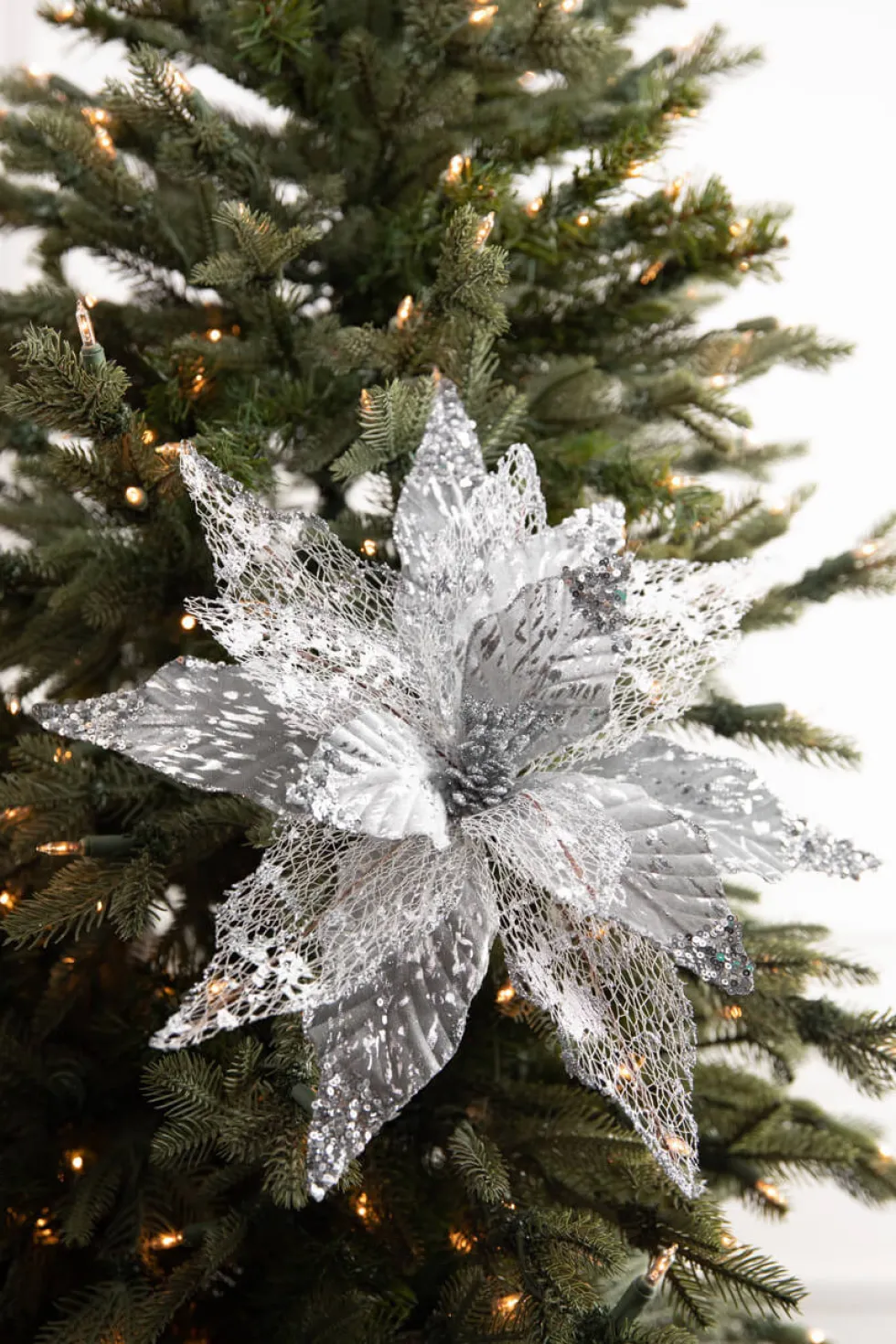22” x 14" Velvet Sheer Poinsettia Stem - Silver